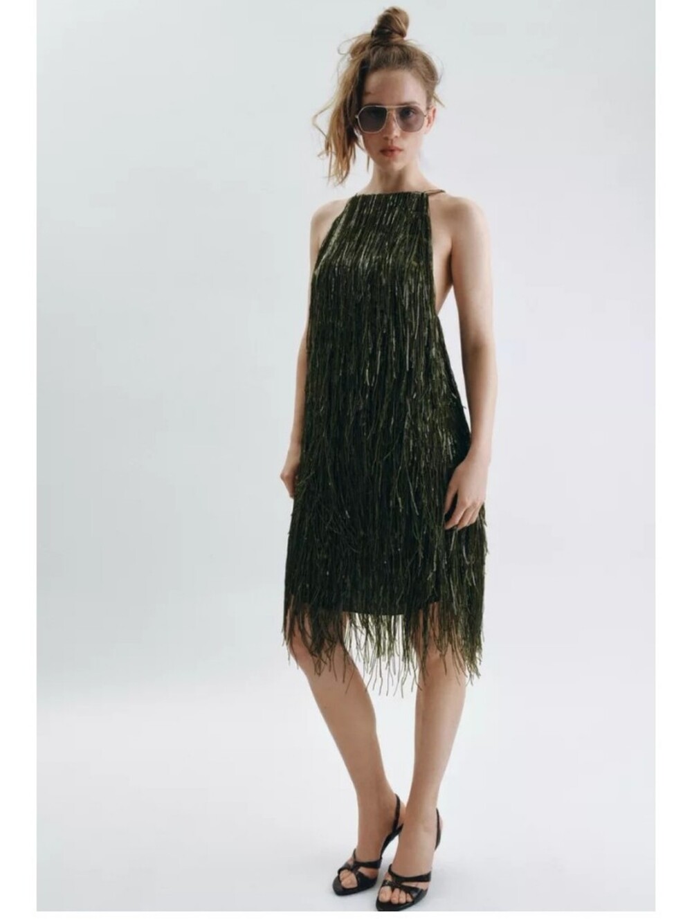 Zara Zw Collection Olive Green Fringe Halter Festive Formal Dress Sz-L